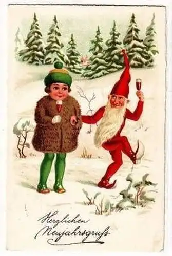 14822 Neujahrs Ak Kind und Zwerg mit Glas in der Hand 1928