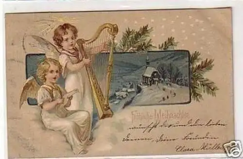 33804 Weihnachts Ak 2 Engel spielen Harfe 1906