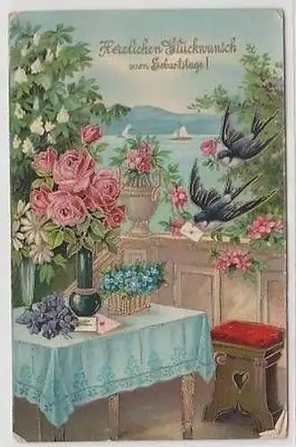 19910 Geburtstags Ak Schwalben und Blumen 1916