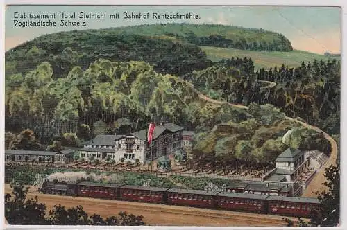 27526 Feldpost AK Etablissement Hotel Steinicht mit Bahnhof Rentzschmühle 1916
