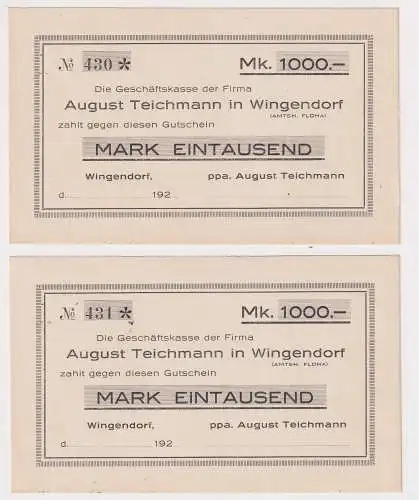 2 x 1000 Mark Banknoten August Teichmann Wingendorf (Sachsen) 192.. (142793)