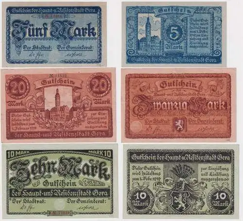 5, 10 und 20 Mark Banknoten Haupt- & Residenzstadt Gera um 1919 (158378)