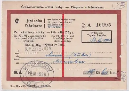 seltene Fahrkarte für alle Züge Kaznejov Tschechien CSD 1919 (155040)