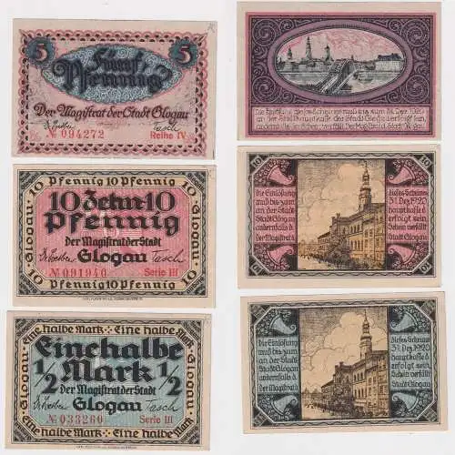 5 & 10 Pfennig & 1/2 Mark Banknoten Notgeld Stadt Glogau Glogów 1920 (141181)