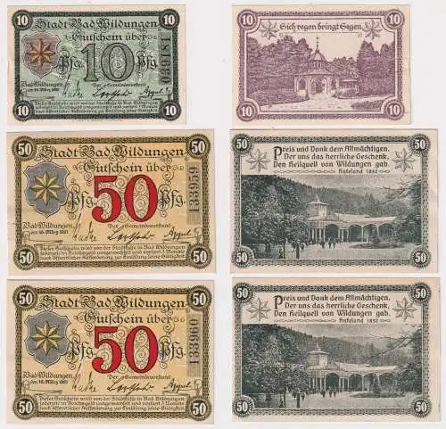 10, 2 x 50 Pfennig Banknoten Notgeld Bad Wildungen 1921 (168752)