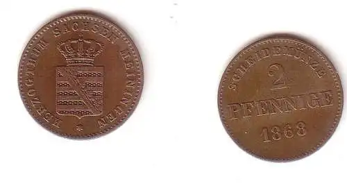 2 Pfennige Kupfer Münze Sachsen Meiningen 1868 ss+