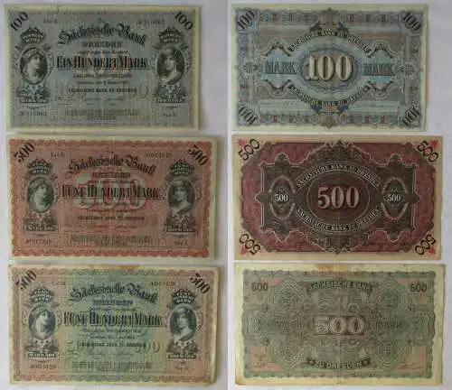 Banknoten 100 und 2 x 500 Mark Sächsische Bank Dresden 1911/22 (143651)