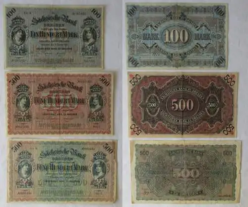 Banknoten 100 und 2 x 500 Mark Sächsische Bank Dresden 1911/22 (143651)