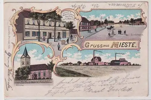 04909 Ak Lithographie Gruß aus Mieste Bahnhof, Molkerei, Stärkefabrik 1899
