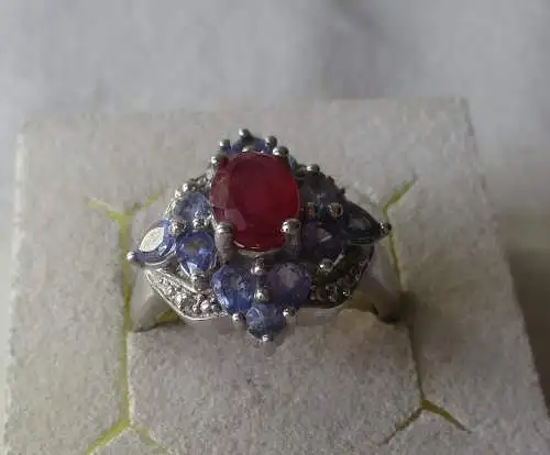 hochwertiger 925er Sterling Silber Ring mit blauem & magenta Edelstein (109918)