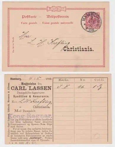 91296 DR Ganzsachen Postkarte P23 Zudruck Carl Lassen Spedition Hamburg 1892