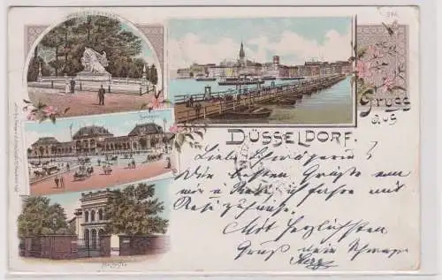 35652 Lithographie Ak Gruss aus Düsseldorf - Malkasten, Bahnhof, Denkmal 1898