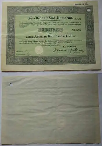 20 Mark Anteil Gesellschaft Süd-Kamerun Hamburg November 1936 (135959)