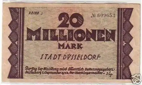 Banknote Inflation 20 Mill. Mark Stadt Düsseldorf 1923