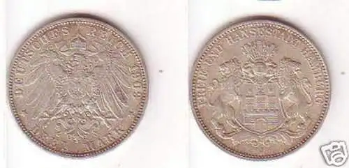 3 Mark Silber Münze Freie und Hansestadt Hamburg 1909 J