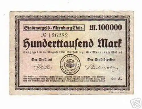 rare Banknote Inflation Altenburg 100000 Mark 1923