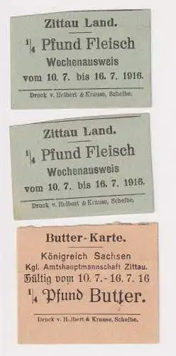 3 Lebensmittelmarken Butter-Karte und Fleisch Wochenausweis 1916 Zittau (152262)