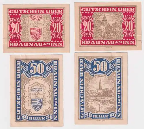 2 Banknoten 20 und 50 Heller Notgeld Stadtgemeinde Braunau am Inn 1920 (168977)