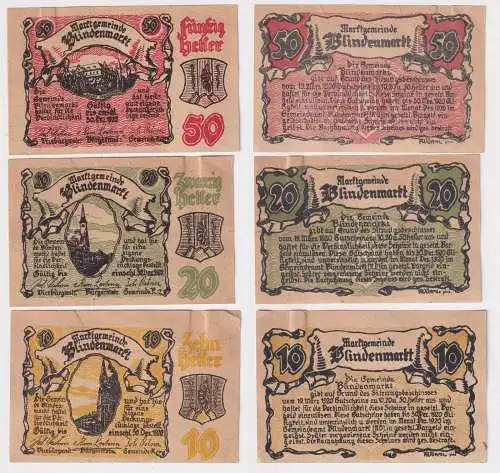 3 Banknoten 10 bis 50 Heller Notgeld Marktgemeinde Blindenmarkt 1920 (168802)