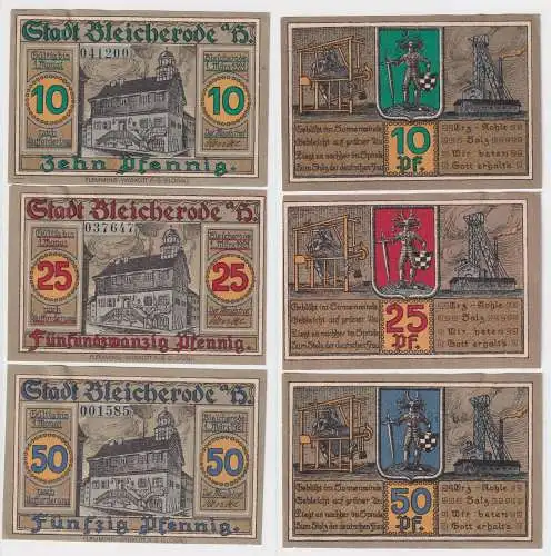 3 Banknoten 10,25 & 50 Pf. Notgeld Stadt Bleicherode am Harz 1. 3.1921 (137890)