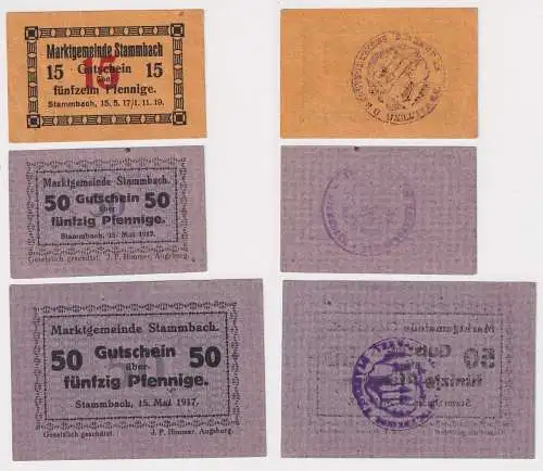 3 Banknoten Notgeld Marktgemeinde Stammbach 15 & 2 x 50 Pfennig 1917/19 (150545)