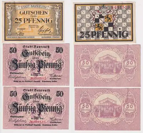 3 Banknoten Notgeld Stadt Bayreuth 1918/1920 (168975)