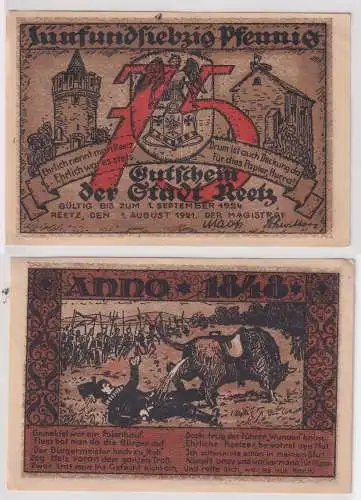 Banknote Notgeld 75 Pfennig Stadt Reetz Brandenburg ausgegeben 1.8.1921 (158008)