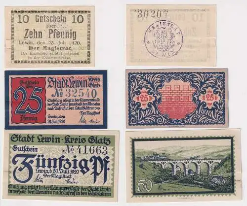 3 Banknoten Notgeld 10, 25 & 50 Pfennig Stadt Lewin Kreis Glatz 1920 (168814)