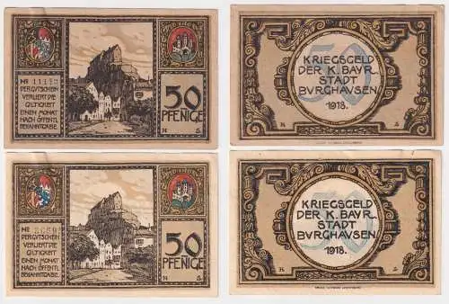 2x 50 Pfennig Banknoten Kriegsgeld Stadt Burghausen 1918 (168809)