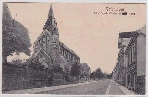 73080 Ak Schöningen Kamieniec Anna Sophien-Strasse mit Kathol. Kirche 1927