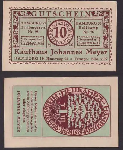 10 Pfennig NOTGELD Kaufhaus Johannes Meyer Hamburg 1.6.1920 (105093)