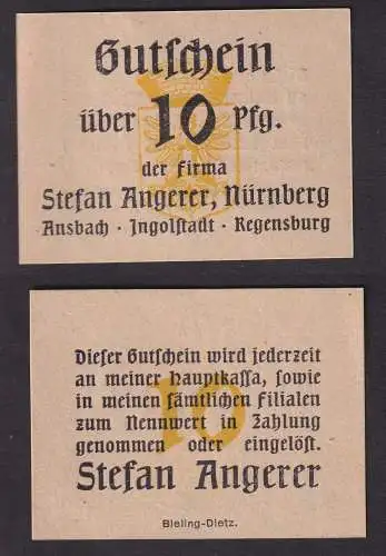10 Pfennig Banknote Notgeld Firma Stefan Angerer Nürnberg ohne Datum (104701)