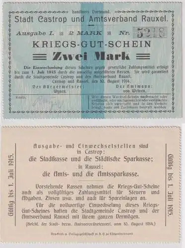 2 Mark Banknote Großnotgeld Kriegs-Gutschein Castrop und Rauxel 1914 (141838)