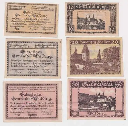3 Banknoten Notgeld Gemeinde Walding 10, 20 & 50 Heller 1920 (168786)