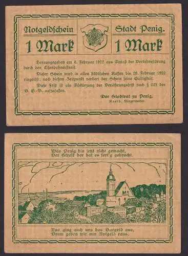 Banknote Notgeld 1 Mark Stadt Penig 6.2.1922 (118582)
