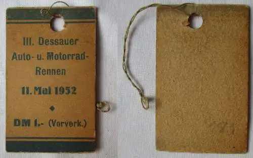 DDR Papp Abzeichen III. Dessauer Auto- und Motorrad-Rennen 11. Mai 1952 (158589)