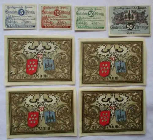 8 Banknoten Notgeld Stadtgemeinde Auma in Thüringen 1921 (100512)
