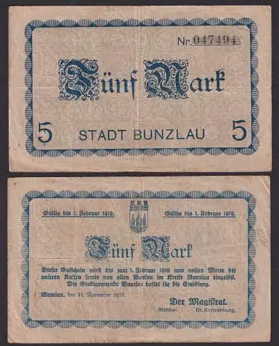 5 Mark Banknote Notgeld Stadt Bunzlau 11.11.1918 (119105)
