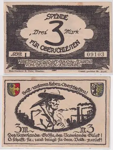 3 Mark Banknote Notgeld Glauchau-Stollberg Spende für Oberschlesien (129063)