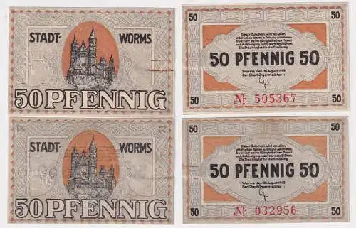 2 Banknoten Notgeld Stadt Worms 50 Pfennig 30.8.1919 (168789)