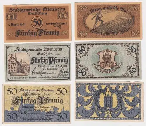 3 Banknoten Notgeld Stadt Ettenheim 50 Pfennig 1919 bis 1920 (162552)