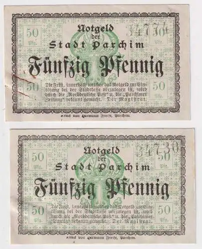 2 Banknoten Notgeld der Stadt Parchim 50 Pfennig ohne Datum (158271)