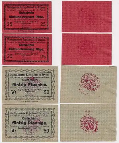 4 Banknoten Notgeld Marktgemeinde Ergoldsbach je 2 x 25 & 50 Pf. 1919 (153396)