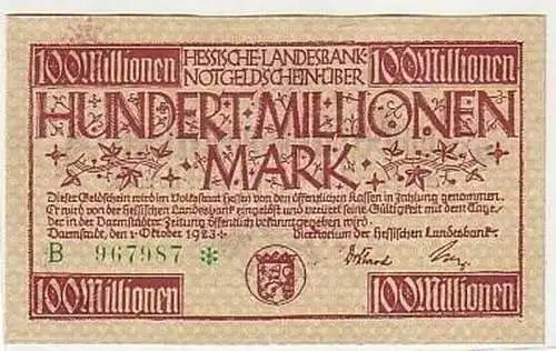 100 Millionen Mark Banknote Inflation Darmstadt 1923