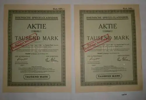 2x 1000 Mark Aktie Rheinische Spiegelglasfabrik Eckamp 24. Oktober 1922 (126724)