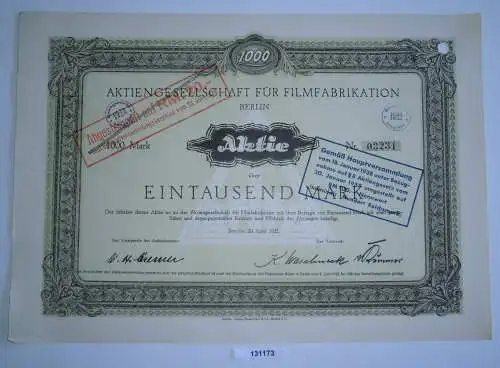 1000 Mark Aktie AG für Filmfabrikation Berlin 20. April 1921 (131173)