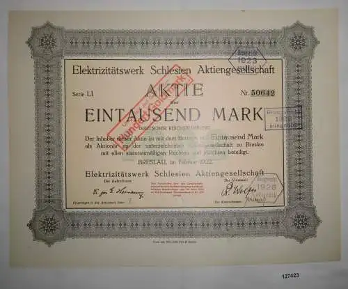 1000 Mark Aktie Elektrizitätswerk Schlesien AG Breslau Februar 1922 (127423)