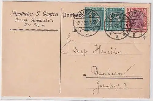 908417 Postkarte Zudruck Apotheker J. Güntzel Landsitz Kleinstorkwitz 1922
