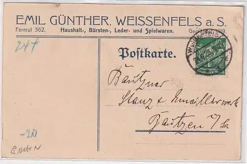 71615 Postkarte Zudruck Emil Günther Weissenfels Leder- und Spielwaren 1923