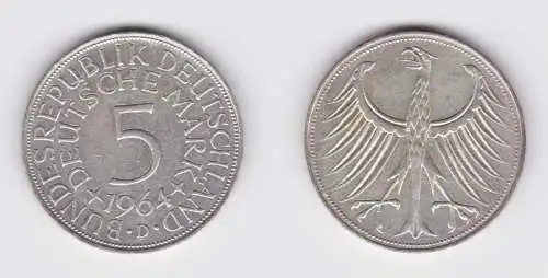 5 Mark Silber Kurs Münze "Silberadler" Deutschland 1964 D vz (155330)
